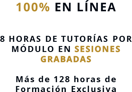 100% EN LÍNEA
8 HORAS DE TUTORÍAS POR MÓDULO EN SESIONES GRABADASMás de 128 horas de Formación Exclusiva